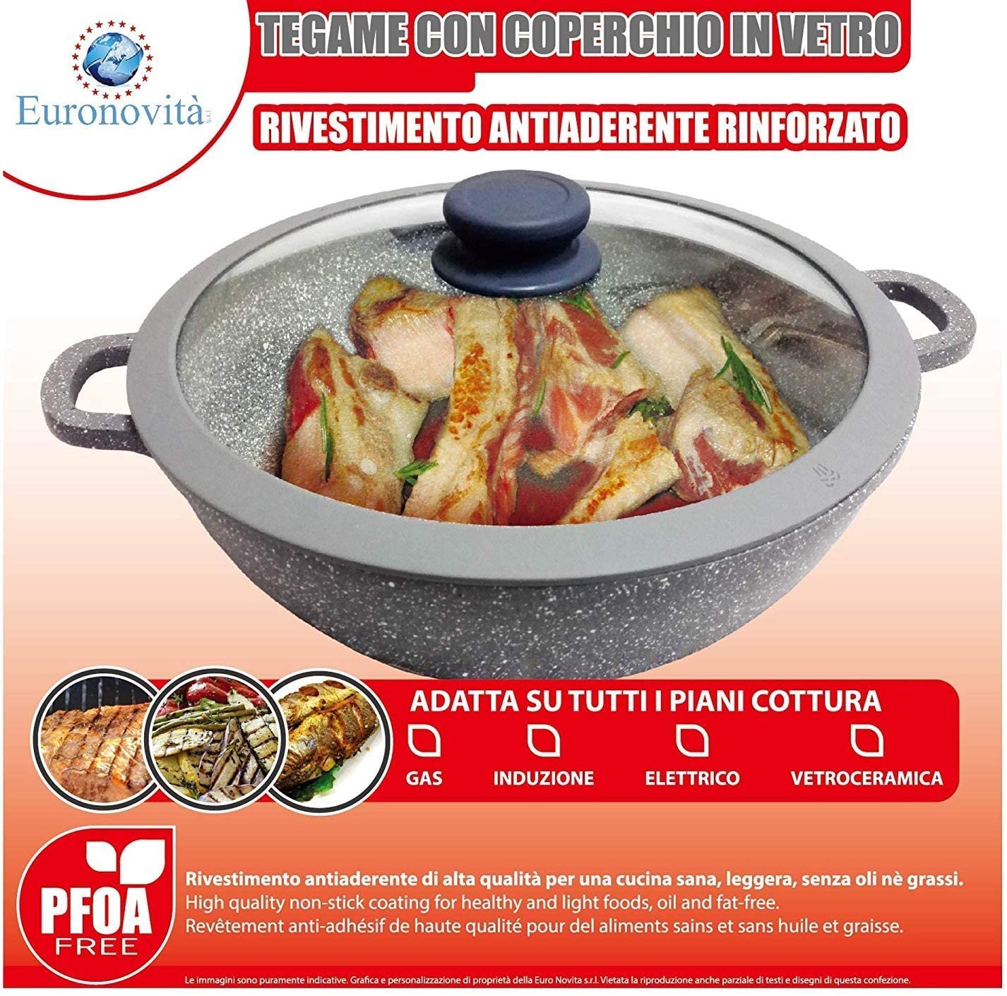 Wok in Pietra Vulcanica 32cm con Coperchio - Rivestimento Stone - Fondo Induzione - Manici Silicone