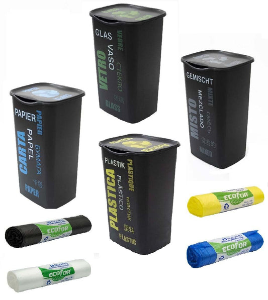 FercasaShop® Set of 4 Waste Separation Bins, 50 L, with Lid - Buckets, Bins, Indoor, Outdoor, Kitchen, Paper, Plastic, Glass, Mixed - 40 Free Bags 70x110cm