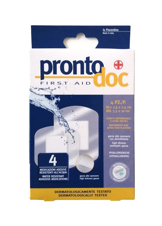 Pronto Doc Waterproof Plasters: 2 pieces XL 7.5 x 7.5 cm + 2 pieces XXL 7.5 x 10 cm, 1 Pack of 4 Plasters