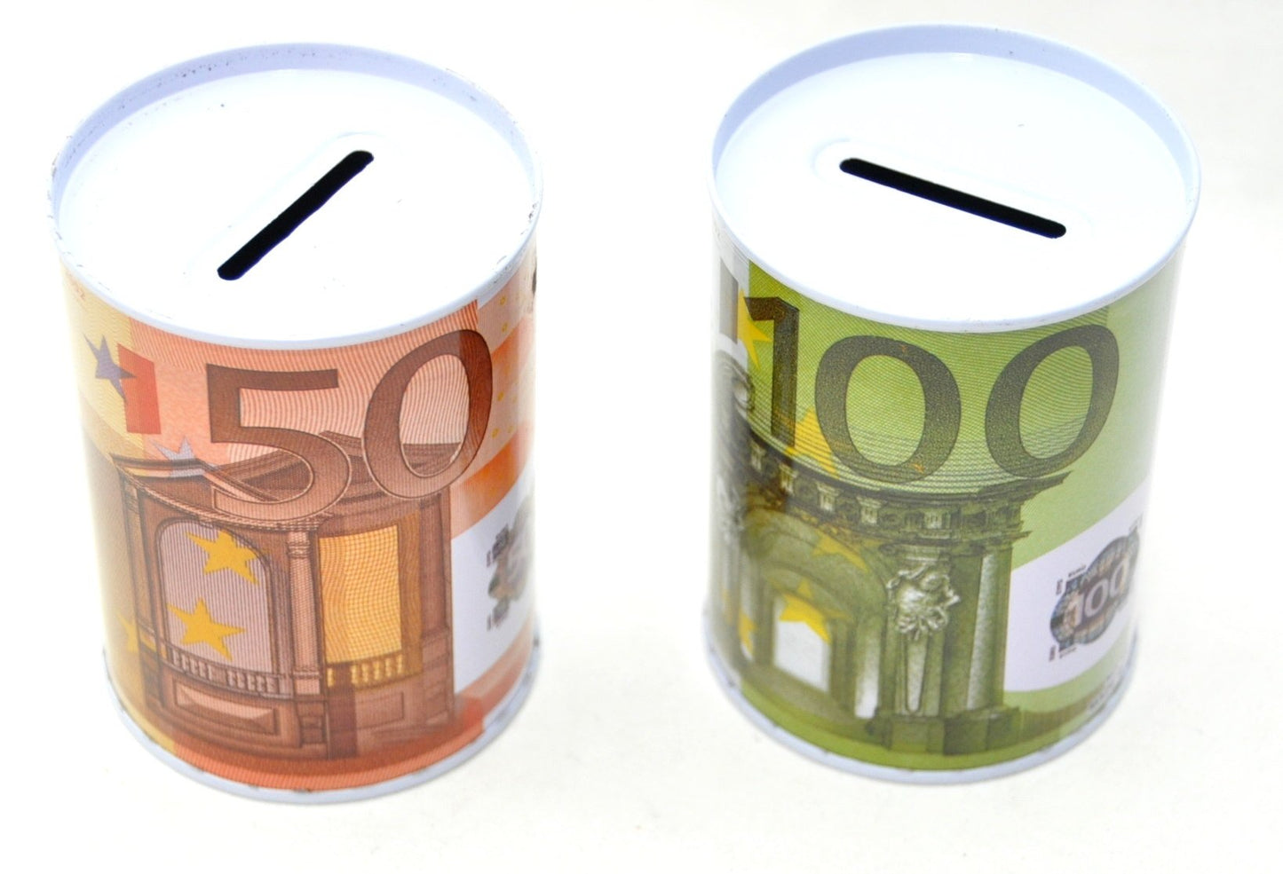 Schenkfix.de: Set of 5 metal piggy banks, Euro banknote motifs, 10 cm, non-openable, ideal for the counter, €20/€50/€100/€200/€500