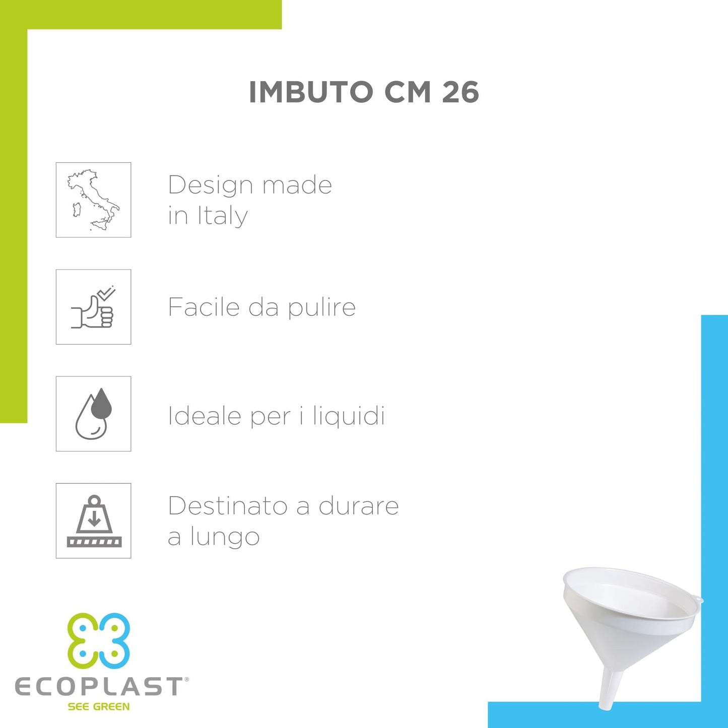 Ecoplast | 26cm Plastic Kitchen Funnel, White, Made in Italy