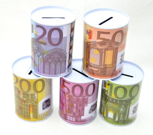 Schenkfix.de: Set of 5 metal piggy banks, Euro banknote motifs, 10 cm, non-openable, ideal for the counter, €20/€50/€100/€200/€500