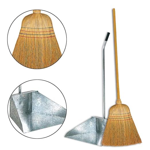 FercasaShop® Outdoor Cleaning Set, Coconut Fiber Broom with Wooden Handle and Galvanized Dustpan, for Garden and Yard