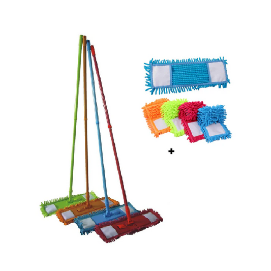 MICROFIBER MOP. DUST-CATCHING, WASHING, AND DRYING MOP WITH REPLACEABLE MICROFIBER CLOTH. EXTENDABLE TELESCOPIC WAND. + REPLACEMENT CLOTH.
