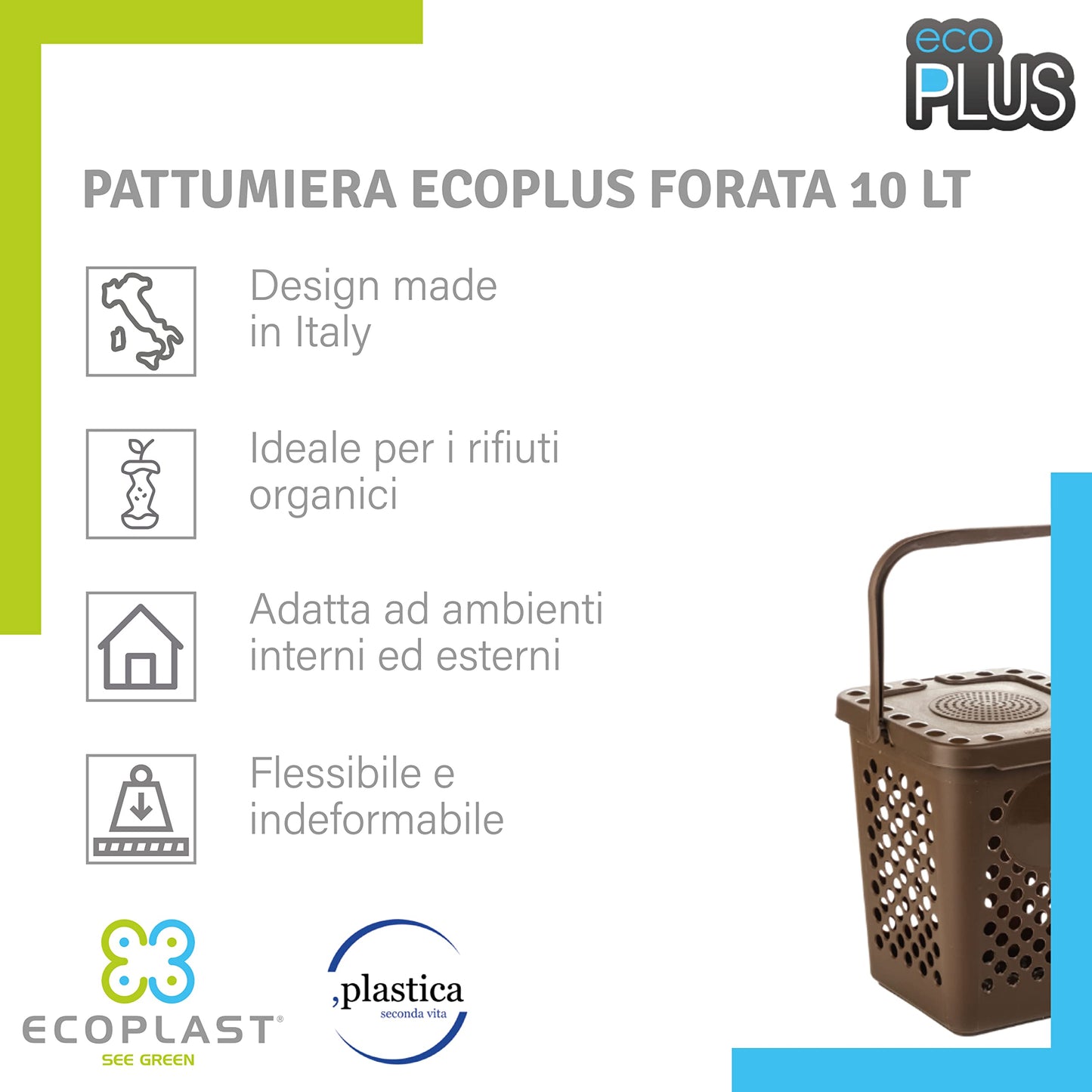 Ecoplast, Perforated Waste Bin for Separate Waste Collection, Book-Style Opening, Flexible and Non-Deformable, Resistant to All Temperatures, Indoor and Outdoor, Over 80% Recycled Plastic, Brown