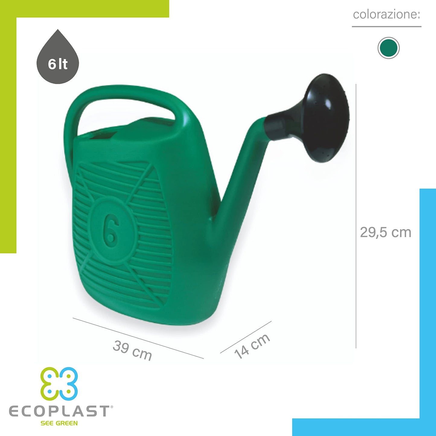 Ecoplast Watering Can, Ideal for Gardening, Plants and Flowers, Easy to Use, Resistant, Long-lasting and Non-deformable, with Shower Head Included, Made in Italy