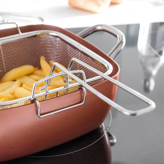 Padella antiaderente 24 cm multifunzione 5 in 1 Copper Coppans, x4 accessori inclusi, materiale alluminio, colore rame/argento, adatta a tutti i tipi di cucine. Privo di PFOA