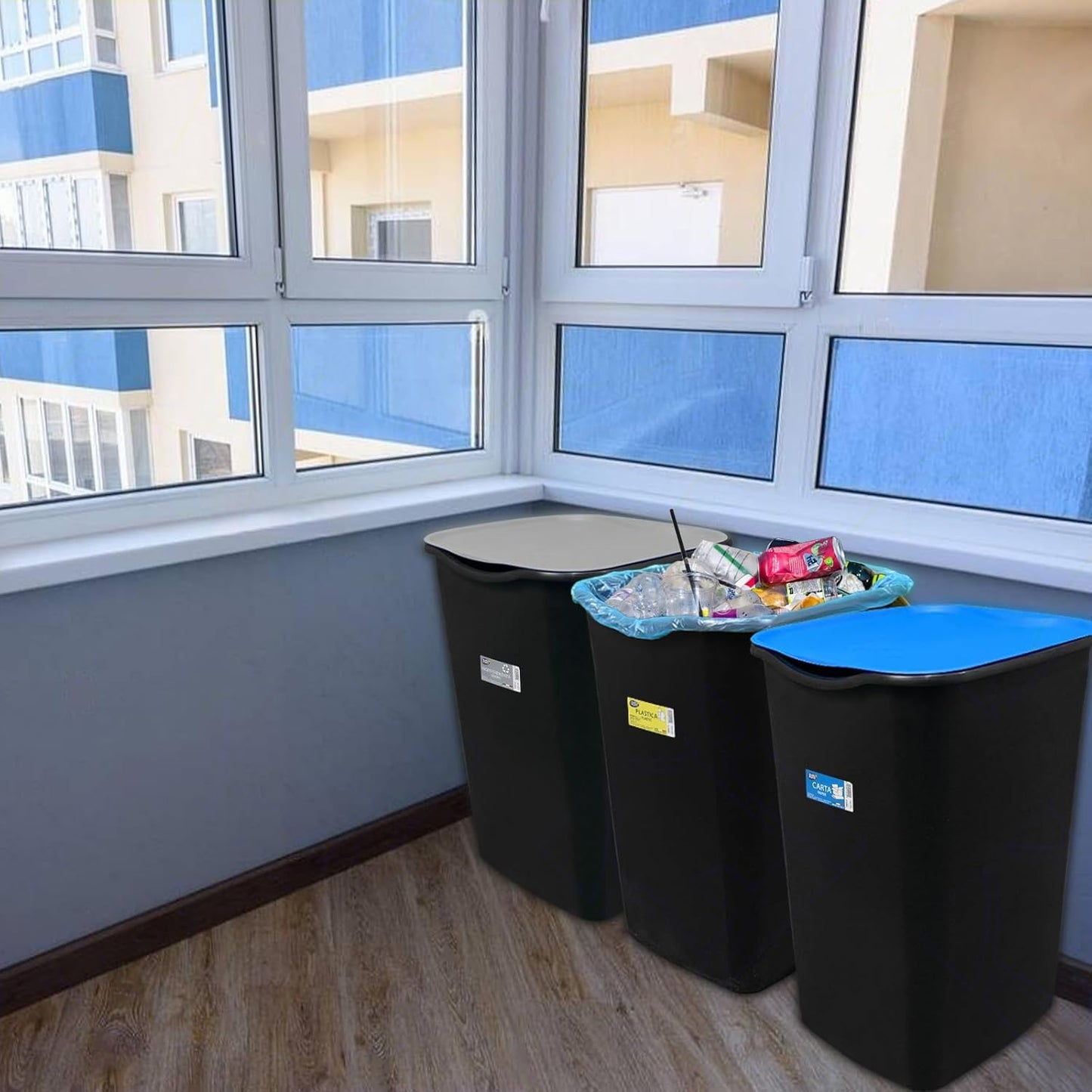 Set of 3 Closed Waste Bins for Separate Waste Collection, 50 Lt plus Free 50 Lt Bin for Unsorted Waste with 30 Bags with Handles, Maxi Size 70x75 cm