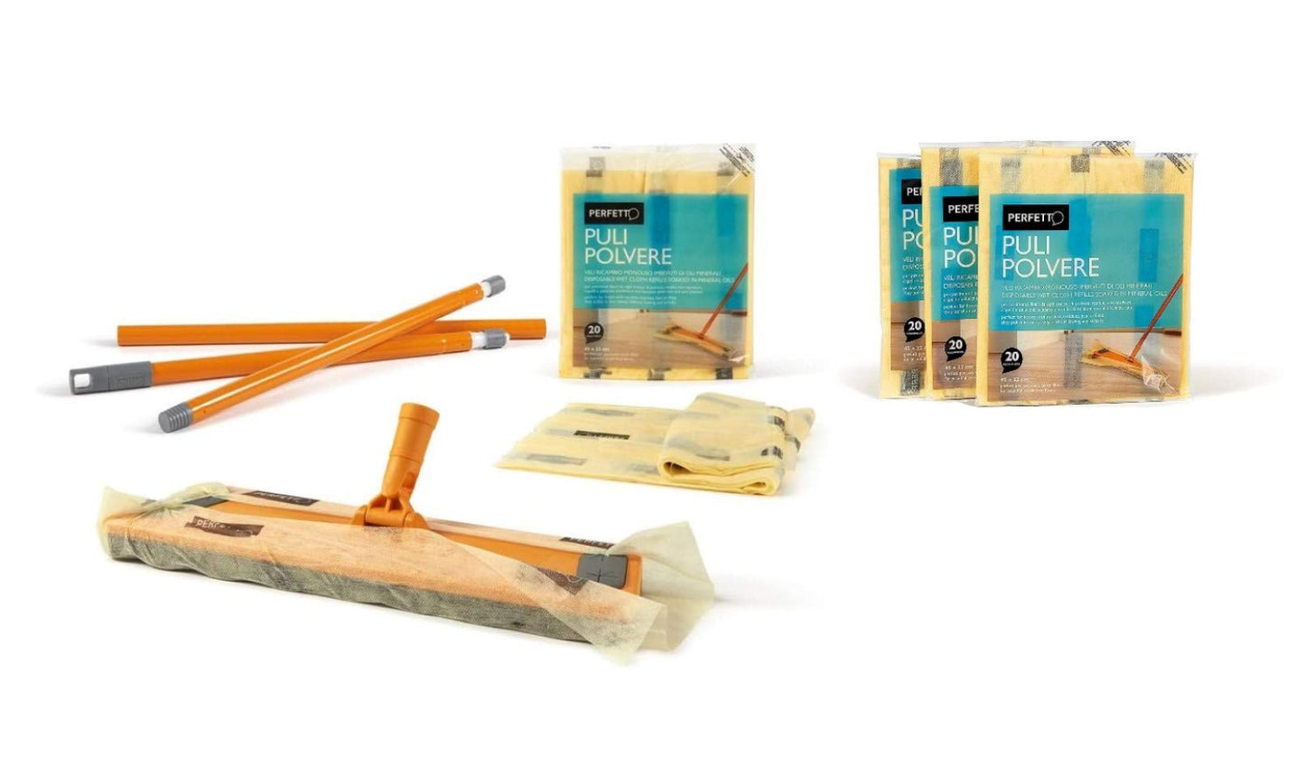 Dust collector, dust cleaner, floor cleaning tool complete with 20 + 60 nets cm.45X22 soaked in 100% biodegradable mineral oils. Effective and practical item for household cleaning.