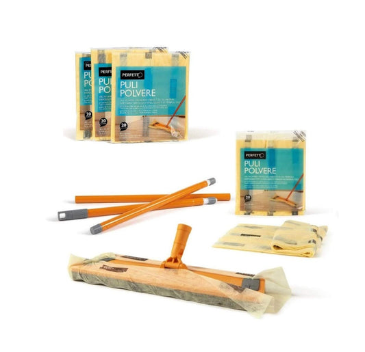 Dust collector, dust cleaner, floor cleaning tool complete with 20 + 60 nets cm.45X22 soaked in 100% biodegradable mineral oils. Effective and practical item for household cleaning.