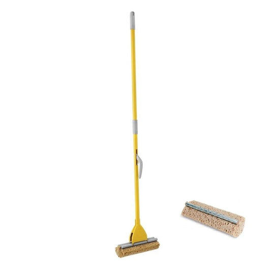 FercasaShop® Floor Mop with Lever System, Ultra-Absorbent Sponge 28 cm, Yellow Painted Iron, for All Floor Types + 1 Replacement Included