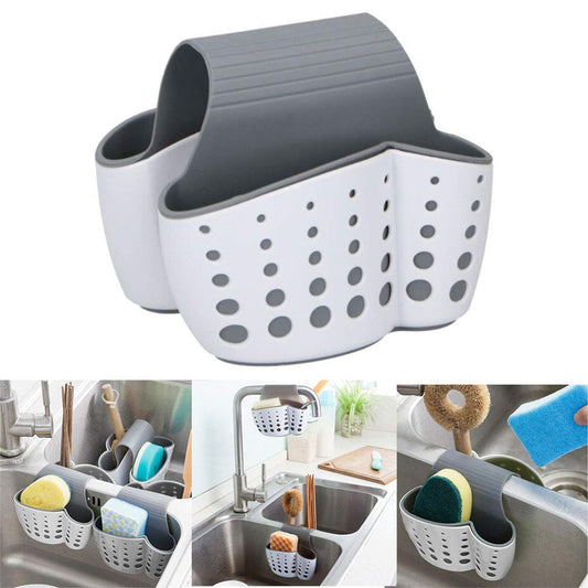 Sponge Holder, Space-Saving Sink Organizer, Plastic with 2 Compartments, Organizer Basket for Sponges and Detergents, Kitchen Sink, Bathroom, Grey Color