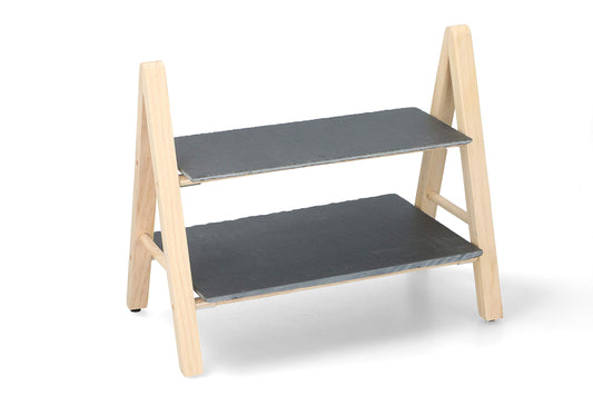 Supporto Portata 2 Piani Ardesia e Legno Alpina 28x18cm - Vassoio Antipasti Snack Dolci