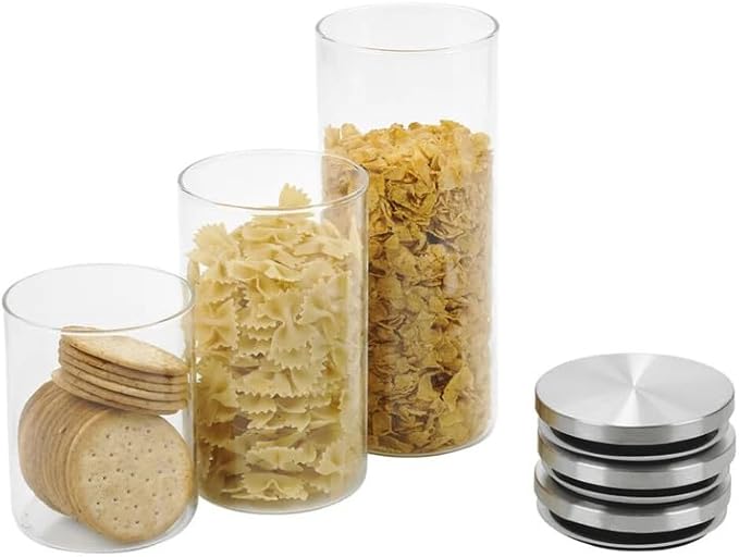 Set 3 Barattoli Vetro Ermetici Coperchio Metallo 650ml 950ml 1400ml - Contenitori Cucina