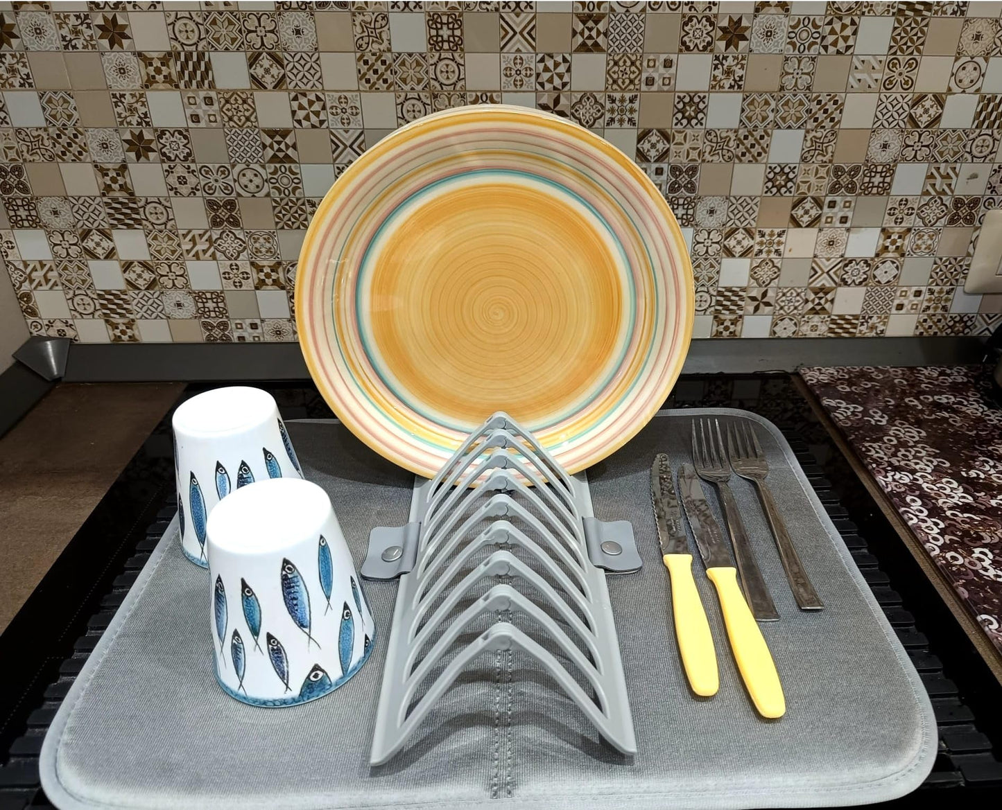 Tappetino Scolapiatti in Microfibra Super Assorbente con Rastrelliera, 46x36 cm, Lavabile in Lavatrice, 3 Strati, per Cucina e Camping