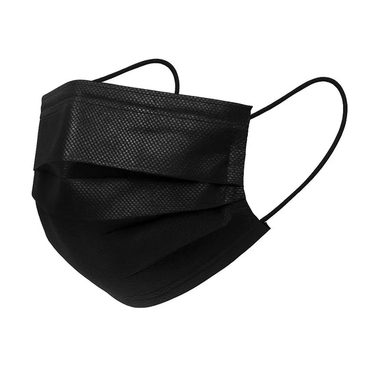 50 BLACK 3-LAYER MASKS IN A PACK OF 10 PCS.