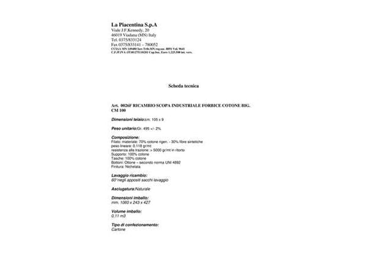 Confezione 2 Ricambi Scopa Industriale Forbice Cotone 100cm - Lavabili 60° La Piacentina