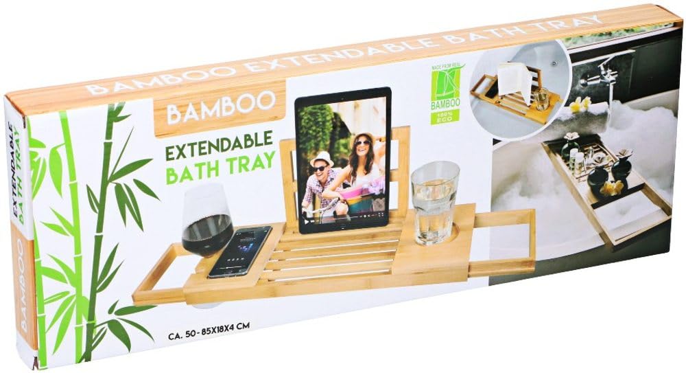 alpina Adjustable Bathtub Tray - Storage Tray 50-92 x 18 x 4 cm - Bamboo Bathroom Cabinet with Book Holder and Tablet Stand - Incl. Cup Holder - Bathroom Accessories