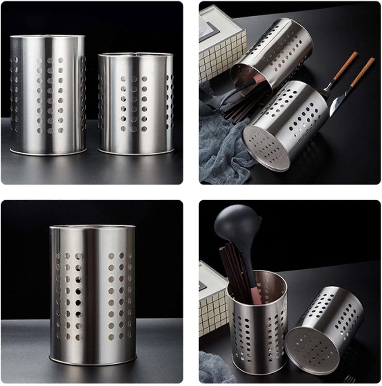 FERCASASHOP Metal Cutlery Holder, Set of 2, 16x10 cm and 18x12 cm, Silver Utensil Holder for Chopsticks, Knives, Forks, Scissors