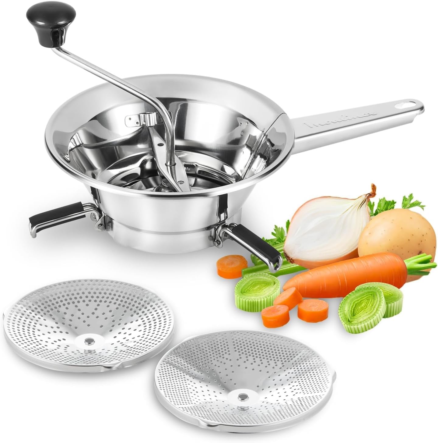 FERCASASHOP® - Professional Stainless Steel Vegetable Mill, 20 cm in diameter, with 3 Stainless Steel Discs included - Manual vegetable mill for purees, pulps, and tomato puree