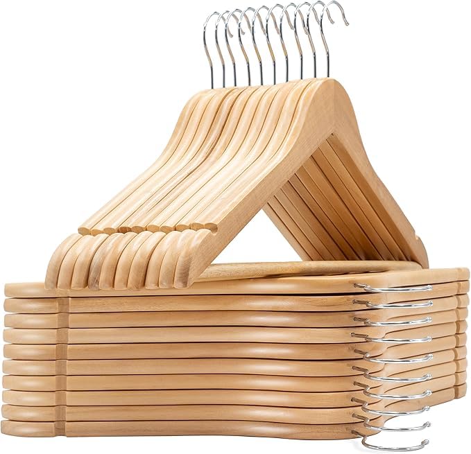 FERCASASHOP Wooden Hangers, Set of 15, 42 cm, with Grooves, 360° Swivel Hook and Non-Slip Trouser Bar