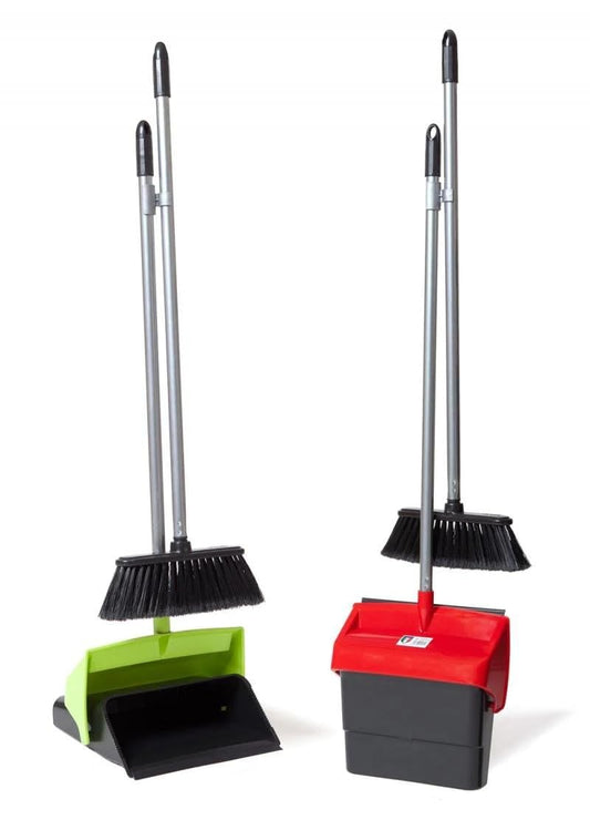 FERCASASHOP Dustpan and Broom Set with Long Handle, in Polyethylene, for Kitchen, Bathroom, Living Room and Garage, Red, Black, Blue