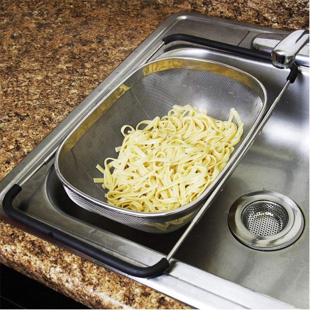 BAKAJI Expandable Colander Basket for Kitchen Sink Vegetable Fruit Washer in Stainless Steel with Extendable Handles up to 55cm Kitchen Accessories