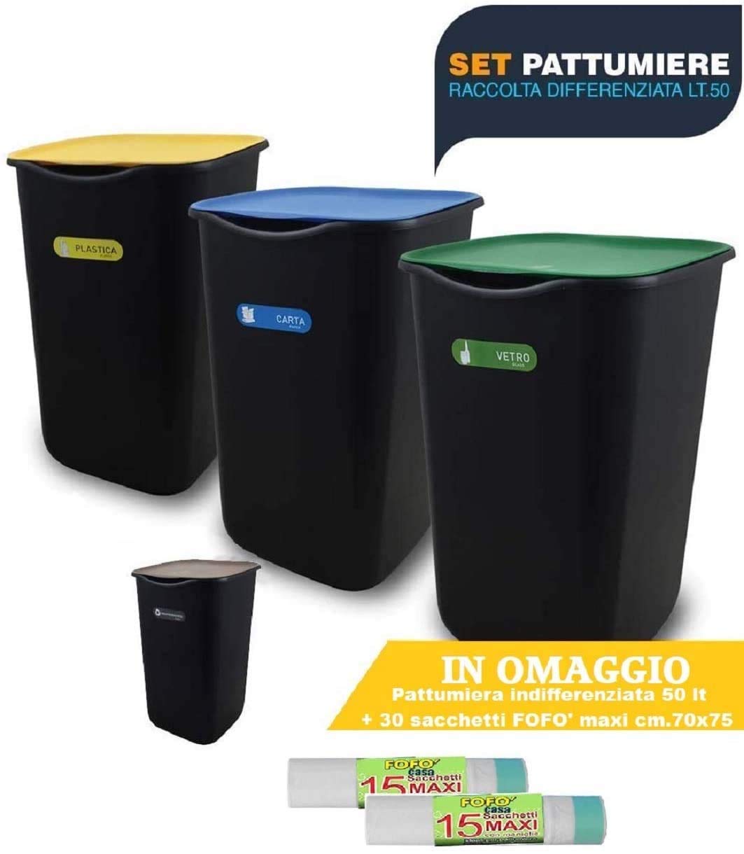 Set of 3 Closed Waste Bins for Separate Waste Collection, 50 Lt plus Free 50 Lt Bin for Unsorted Waste with 30 Bags with Handles, Maxi Size 70x75 cm