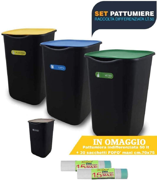 Set 3 Pattumiere Chiuse per Raccolta Differenziata, 50 Lt più Omaggio Pattumiera per Rifiuti Indifferenziati 50 Lt con 30 pezzi di Sacco con maniglia mis. maxi cm.70x75