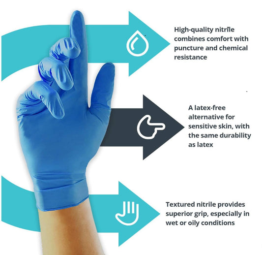 Guanti Monouso in Nitrile, Blù 3,50g - Senza polvere e con bordino anti goccia -Taglia S-M-L-XL