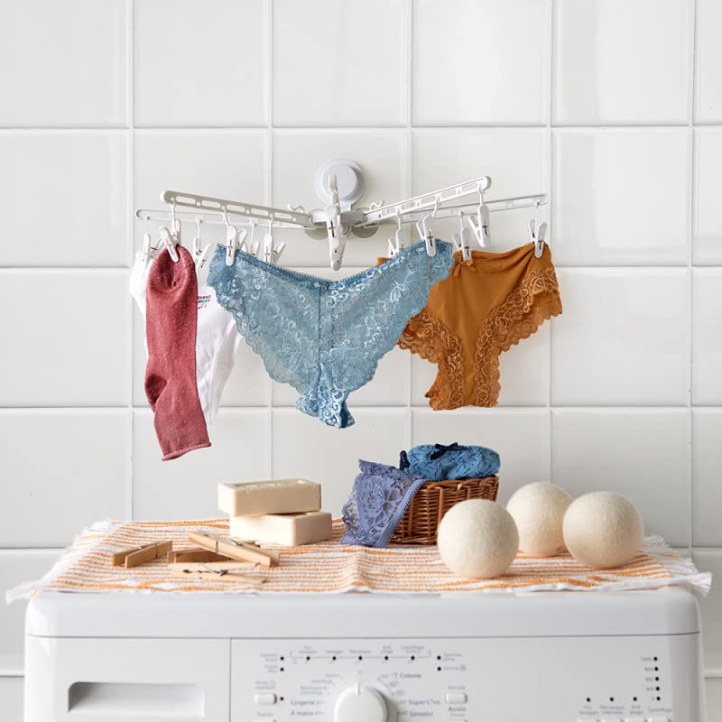 Space-Saving Carousel Clothes Drying Rack with Adhesive Suction Cup and 15 Clips