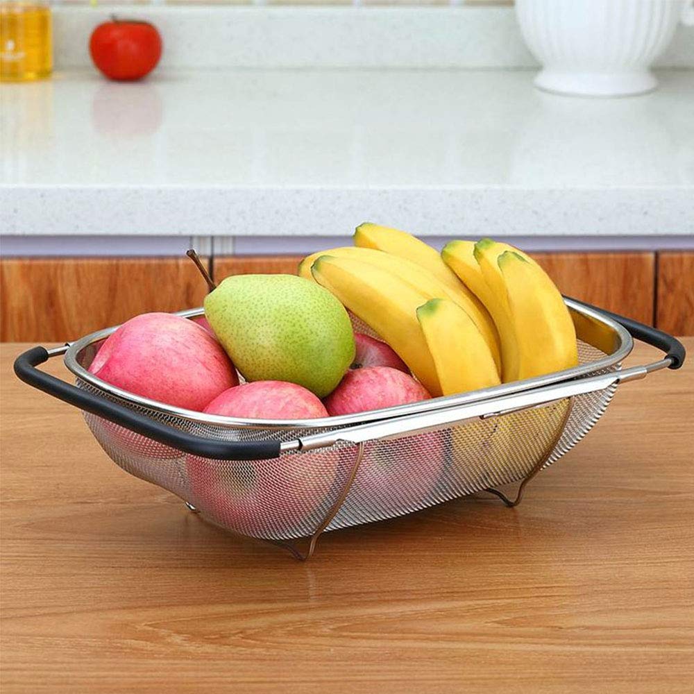 BAKAJI Expandable Colander Basket for Kitchen Sink Vegetable Fruit Washer in Stainless Steel with Extendable Handles up to 55cm Kitchen Accessories