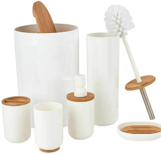 FERCASASHOP 6-Piece Bathroom Accessory Set, White and Natural Bamboo, with Soap Dish, Toothbrush Holder, and Trash Can