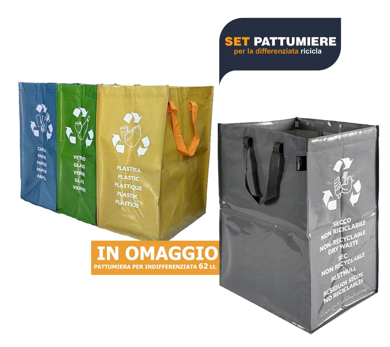 Pattumiere Raccolta Differenziata Aperte da Interno e Esterno Colorati Secchi Spazzatura Contenitori Rifiuti Riciclaggio Carta Vetro Plastica + Omaggio pattumiera Indifferenziata da Lt.62