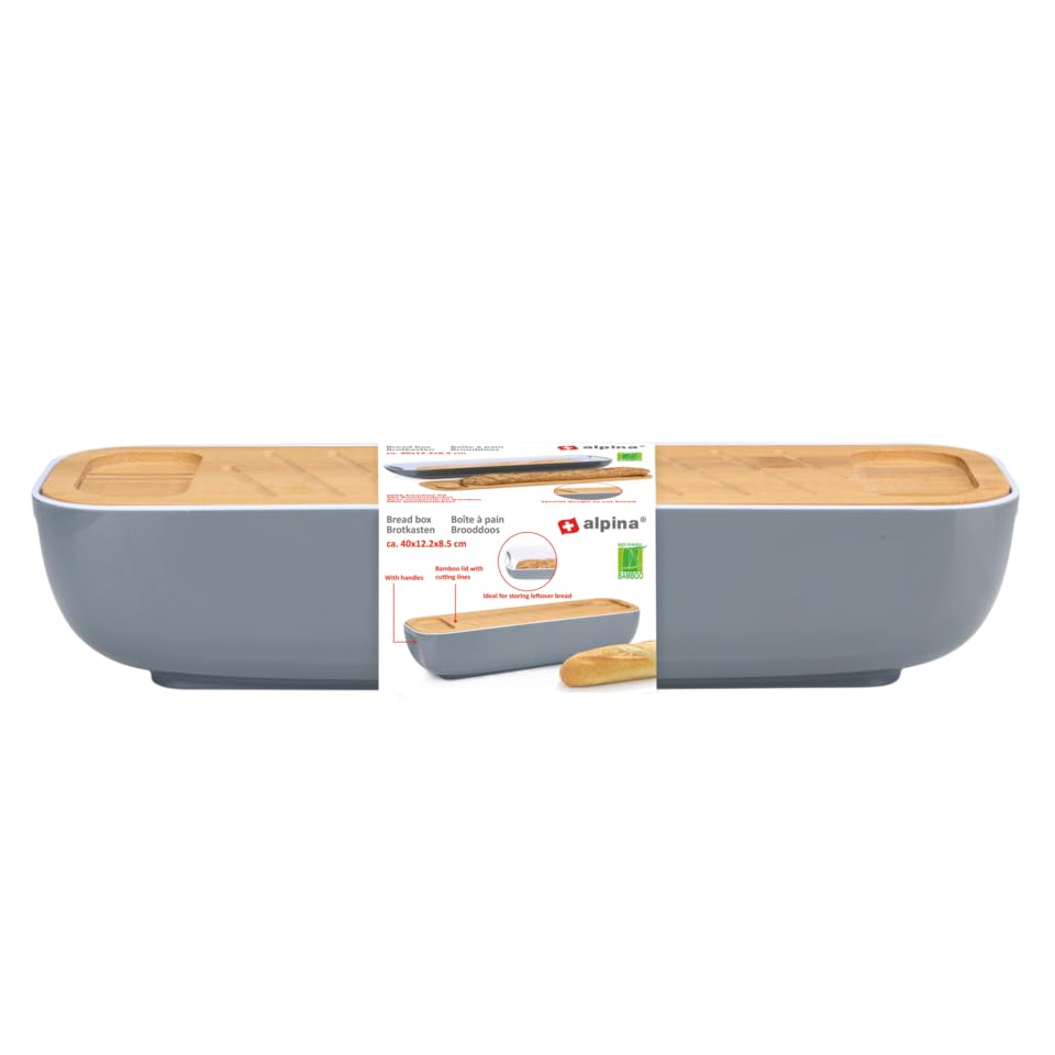 Alpina Bread bin with lid/bamboo cutting board, handles, 40 x 12.2 x 8.5 cm, grey