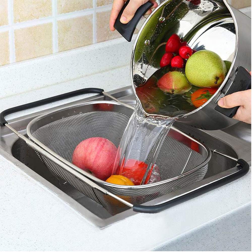 BAKAJI Expandable Colander Basket for Kitchen Sink Vegetable Fruit Washer in Stainless Steel with Extendable Handles up to 55cm Kitchen Accessories