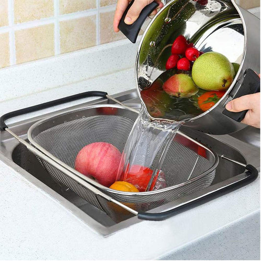 BAKAJI Expandable Colander Basket for Kitchen Sink Vegetable Fruit Washer in Stainless Steel with Extendable Handles up to 55cm Kitchen Accessories