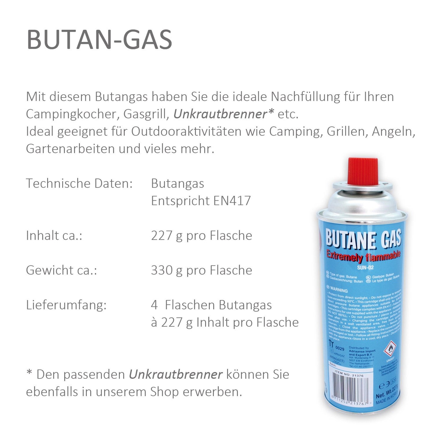 4 x 227g Butane Gas Canisters for Outdoor Activities + Grilling