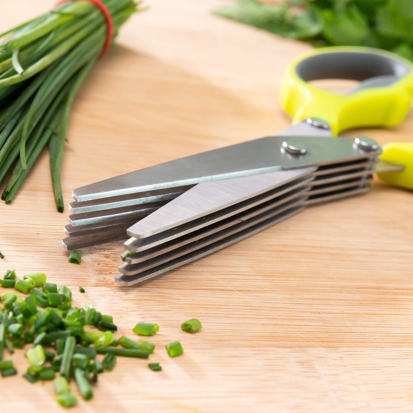 Forbici da Cucina Multitaglio 5 in 1, Risparmio di Tempo e Sforzo, Tagli Netto e Preciso, Multiuso, Facile da Pulire, Ergonomico, Leggero e Compatto, Giallo, Acciaio Inossidabile