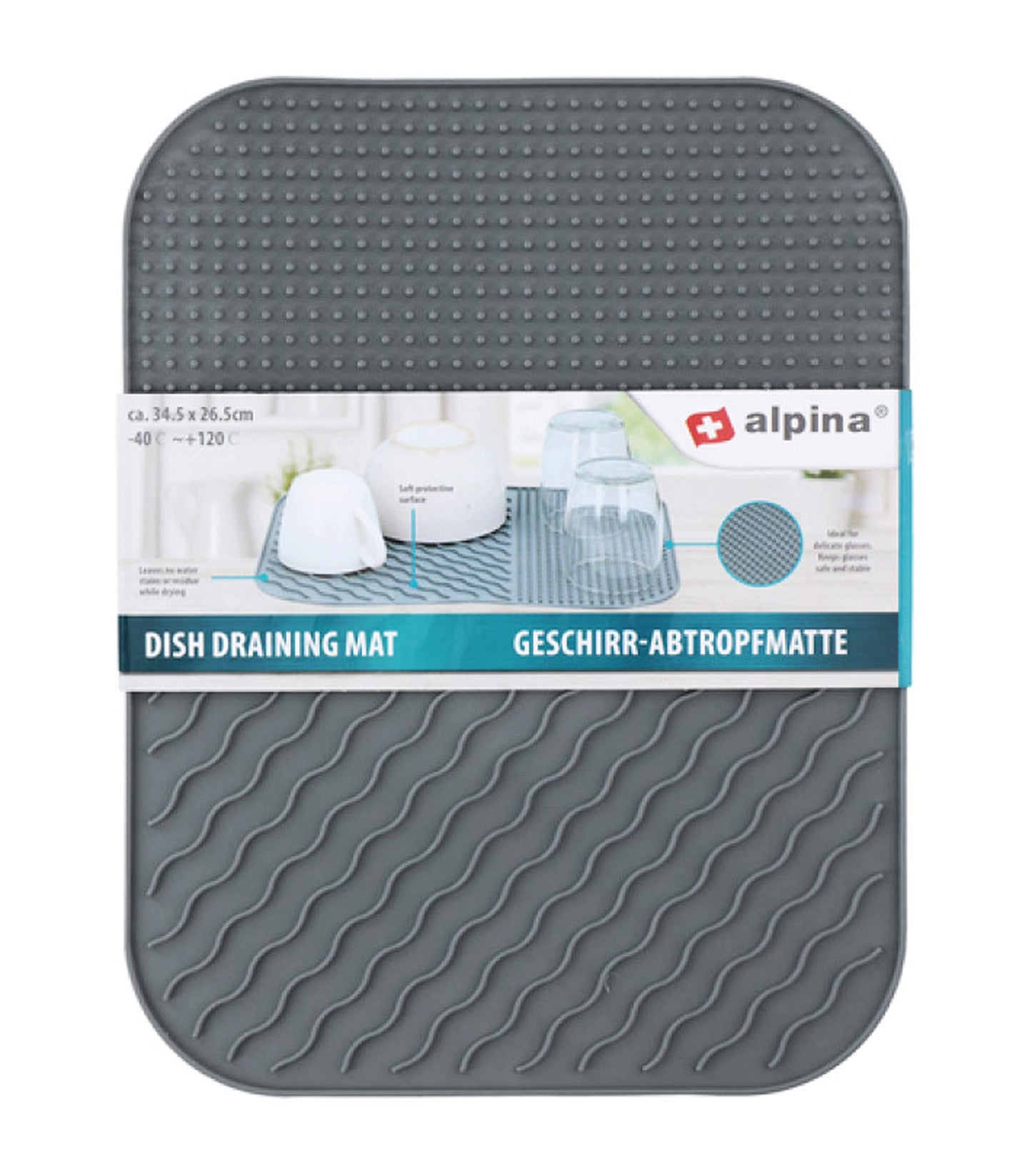 Alpina Sink Draining Mat - Kitchen Accessories - Silicone Kitchen Base with Ribs - Dishwasher Safe Draining Mat 34.5 x 26.5 cm - Grey