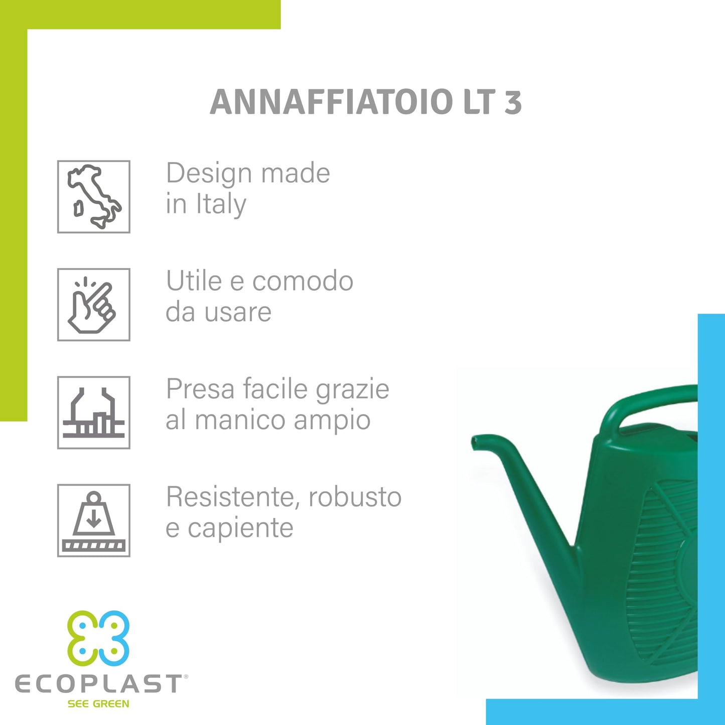 Ecoplast Watering Can, Ideal for Gardening, Plants and Flowers, Easy to Use, Resistant, Long-lasting and Non-deformable, with Shower Head Included, Made in Italy