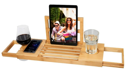 alpina Adjustable Bathtub Tray - Storage Tray 50-92 x 18 x 4 cm - Bamboo Bathroom Cabinet with Book Holder and Tablet Stand - Incl. Cup Holder - Bathroom Accessories