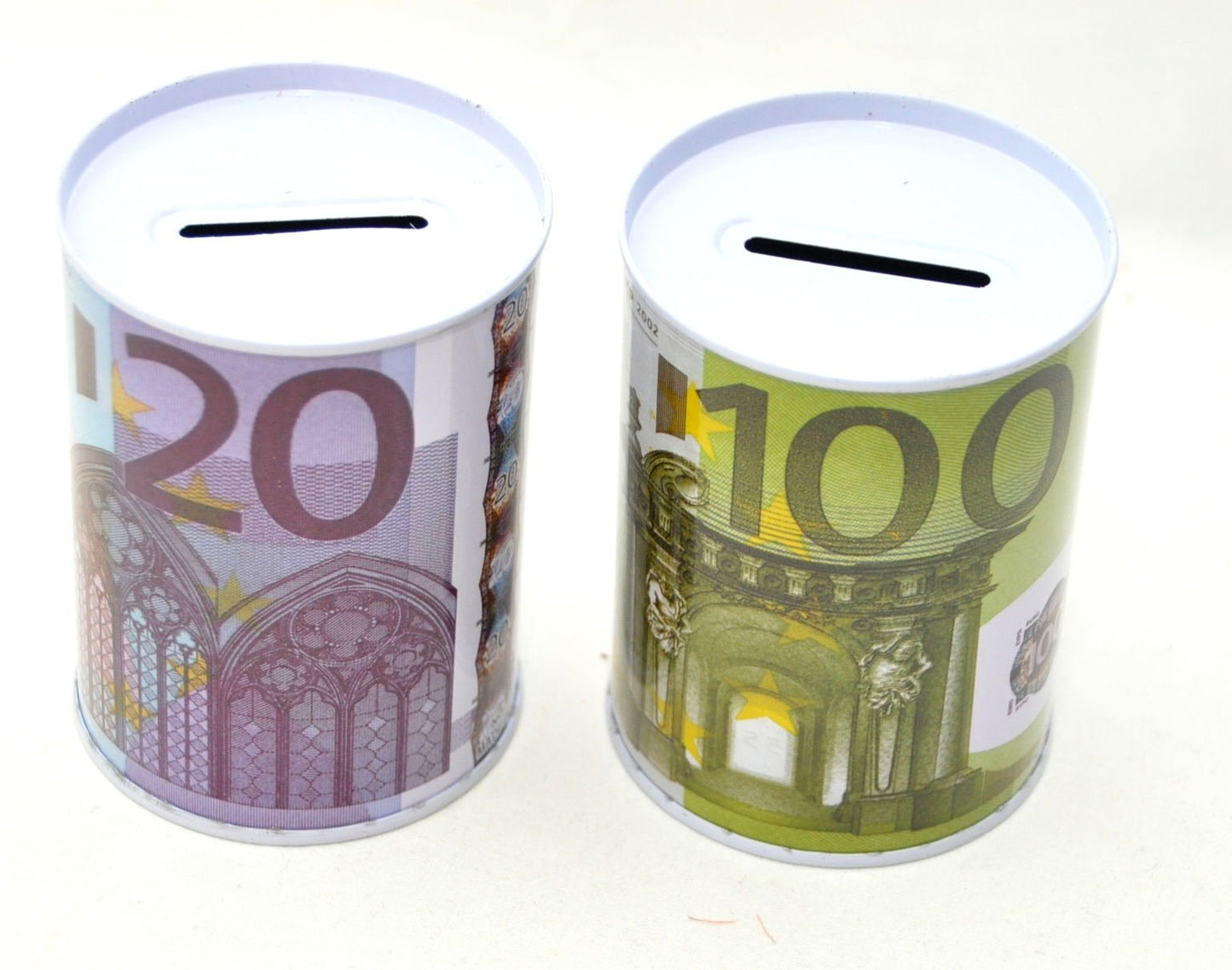 Schenkfix.de: Set of 5 metal piggy banks, Euro banknote motifs, 10 cm, non-openable, ideal for the counter, €20/€50/€100/€200/€500