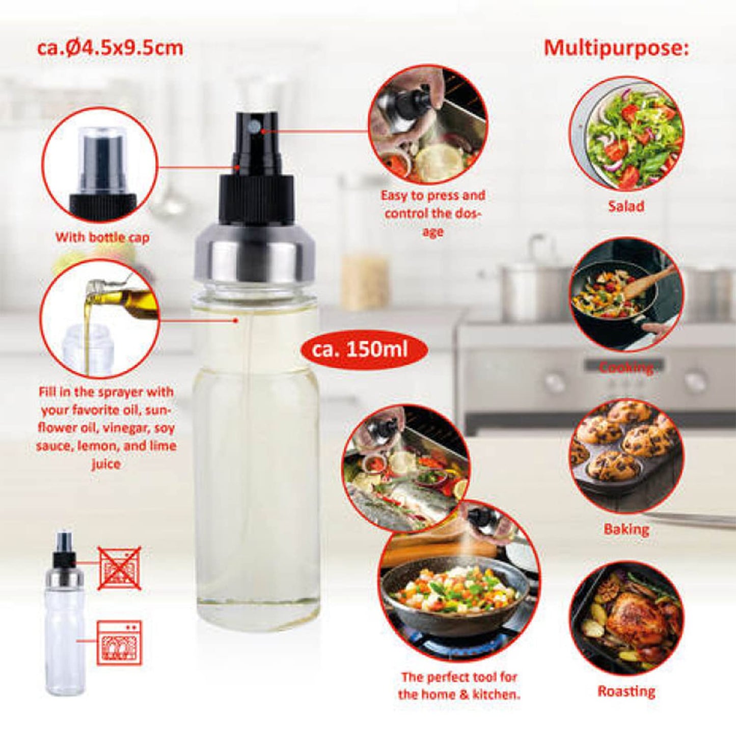 Olive Oil Spray Bottle, Olive Oil Dispenser, 150ml Glass Spray Bottle for Kitchen Air Fryer, Portable Stainless Steel Kitchen Vinegar Sprayer for Salad,