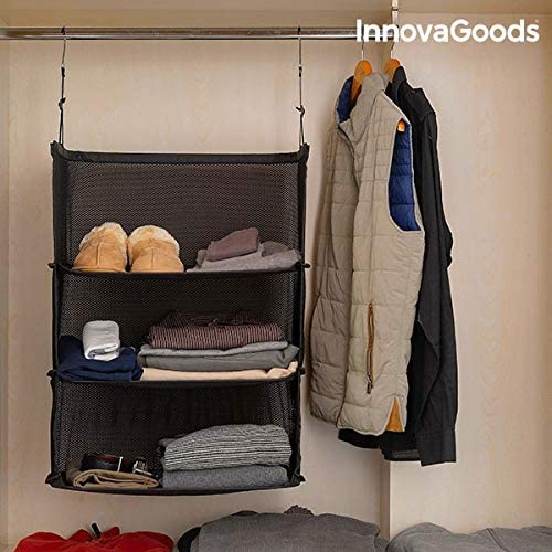 Scaffale pieghevole organizer per valigie, organizza i tuoi bagagli in modo comodo ed efficiente, con 3 scaffali, colore nero, materiale in poliestere, ideale per i viaggi.