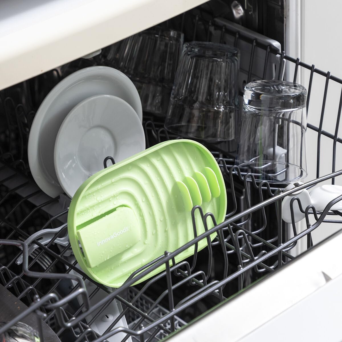 InnovaGoods® Multifunctional Kitchen Organizer, innovative and functional design, foldable lid holder, utensil fixing grooves, wide and stable base, easy storage.