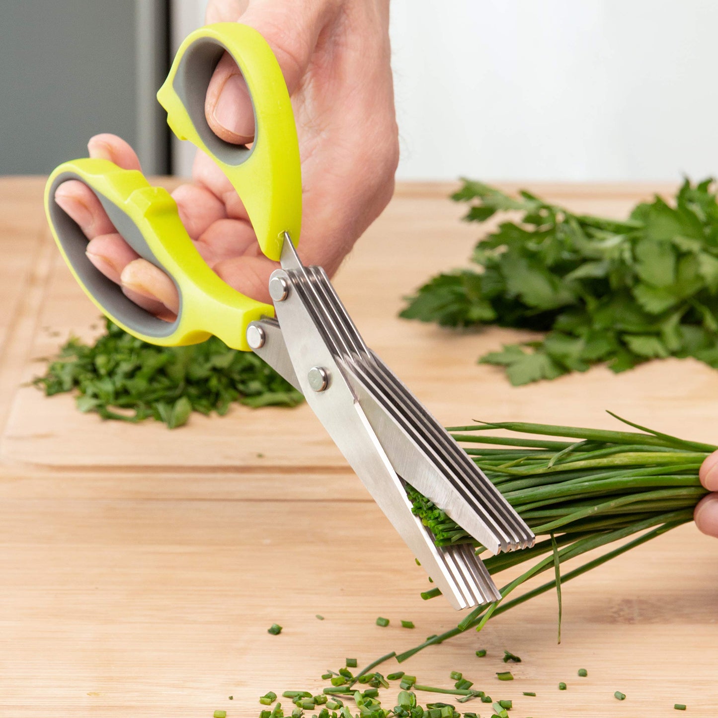 Forbici da Cucina Multitaglio 5 in 1, Risparmio di Tempo e Sforzo, Tagli Netto e Preciso, Multiuso, Facile da Pulire, Ergonomico, Leggero e Compatto, Giallo, Acciaio Inossidabile