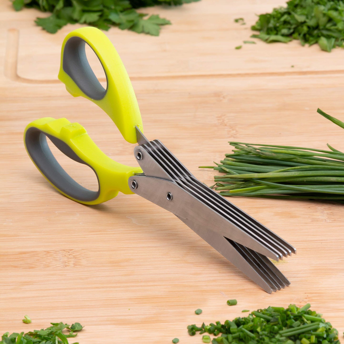 Forbici da Cucina Multitaglio 5 in 1, Risparmio di Tempo e Sforzo, Tagli Netto e Preciso, Multiuso, Facile da Pulire, Ergonomico, Leggero e Compatto, Giallo, Acciaio Inossidabile