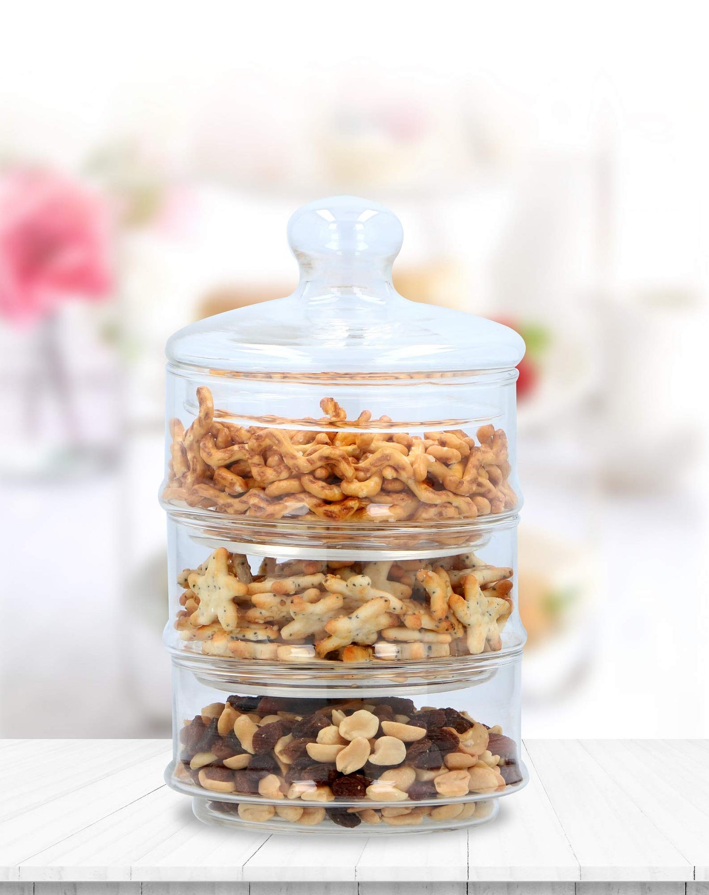 EDCO Bon Bon Sweet Jar Container with 3 Stackable Glass Jars and Lid for Confetti, Parties and Ceremonies
