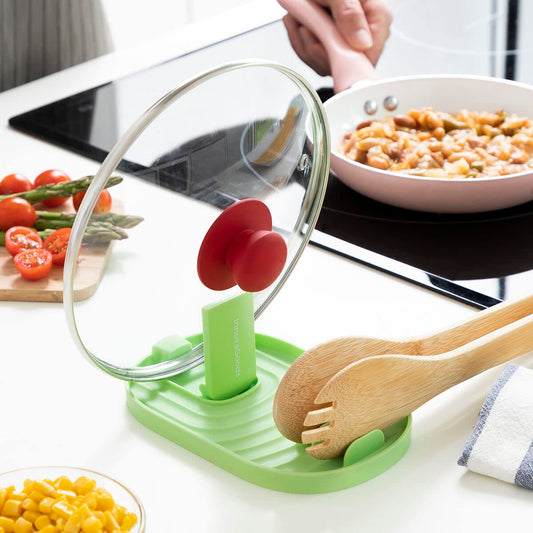 InnovaGoods® Multifunctional Kitchen Organizer, innovative and functional design, foldable lid holder, utensil fixing grooves, wide and stable base, easy storage.